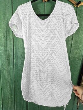 White Short-Sleeve Sheer Hooded Women's Beach Coverup